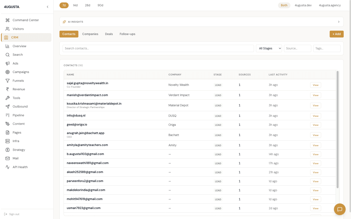 CRM showing auto-populated contacts with full activity timeline